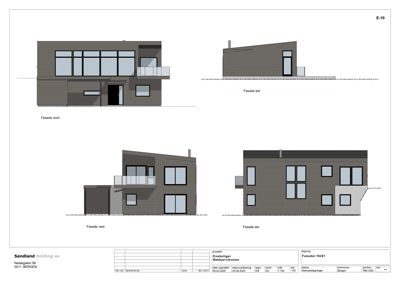 Fasadetegning som viser utsiden av en enebolig fra fire ulike vinkler (nord, øst, vest, sør).