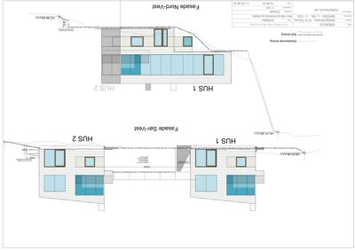 Fasadetegning som viser utsiden av to hus (HUS 1 og HUS 2) sett fra nord/vest og sør/vest.