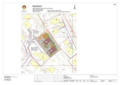 Situasjonsplan (Basiskart) som viser tomtens beliggenhet, grenser, naboeiendommer og topografi.