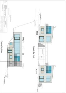 Fasadetegning som viser utsiden av to hus (HUS 1 og HUS 2) sett fra nord-vest og sør-vest, inkludert vinduer, materialer og terrengforhold.