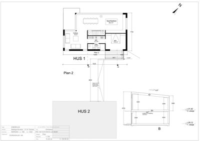 Etasjeplan (Plan 2) som viser romfordeling, dimensjoner og plassering av HUS 1 og HUS 2.