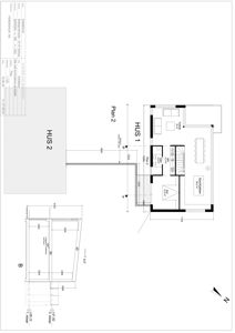 Etasjeplan (Plan 2) som viser romfordeling, dimensjoner og plassering for to hus (HUS 1 og HUS 2).