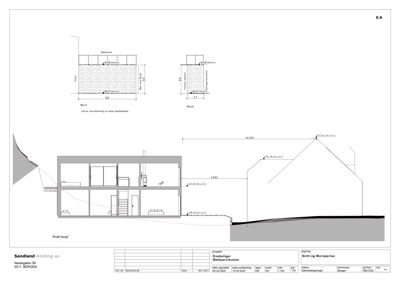 Snittegning (Profil Hus2) som viser bygningens tverrsnitt, høyder, grunnmur og terrengforhold.