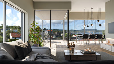 3D-visualisering av et moderne leilighetsinteriør med stue og spisestue, utsikt over vann og fjell.