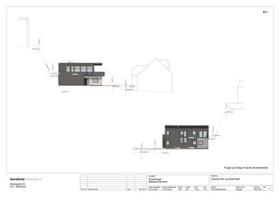 Fasadetegning som viser bygningens utseende fra nord og sør, inkludert detaljer om fasadebelegg og høydeangivelser.