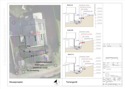 Bildet viser en situasjonsplan med terrengsnitt (Snitt A-A, B-B, C-C) som illustrerer høydeforskjeller, eksisterende og nytt terreng, samt boligplassering.