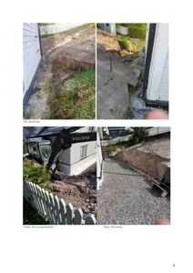 Fotodokumentasjon av dreneringsarbeider på en tomt, med bilder før, under og etter arbeidet.