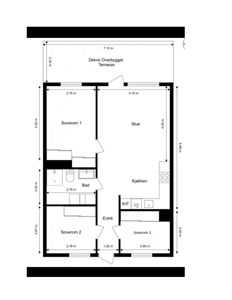 Etasjeplan som viser romfordeling, mål på rom og utvendige mål for en bolig.