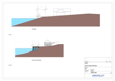Snittegning som viser tverrsnitt gjennom en bryggekonstruksjon med vann, terreng og bygninger.