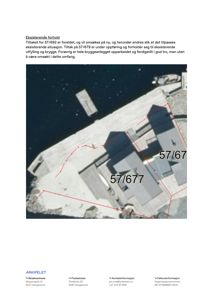 Satellittbilde eller flyfoto av eiendom med overlagte røde linjer som viser grenser for tiltak (57/6792, 57/679, 57/677).