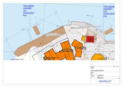 Situasjonsplan som viser tomtens form, vannlinje, nabotomter (57/677, 57/678, 57/679, 57/680) og planlagt bebyggelse med arealopplysninger.