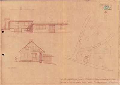 Bildet viser en tegning med fasadeoppvisninger (fra flere vinkler) og en situasjonsplan til høyre.