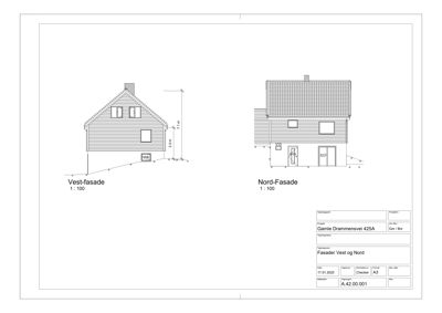 Tegning som viser vest- og nordfasade av en bygning med mål og detaljer.