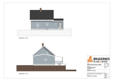Fasadetegning som viser bygningens utseende sett fra sør og øst.
