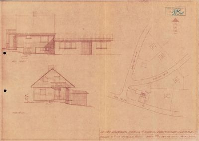 Bildet viser en tegning med fasadeoppvisninger (fra flere vinkler) av et hus, samt en situasjonsplan til høyre.