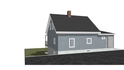 3D-visualisering av en planlagt eller eksisterende bolig sett fra siden.