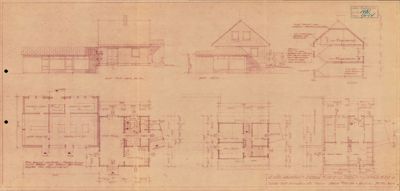 Bildet viser en tegning med etasjeplaner (floor plans) og fasadeoppriks (facade elevations) for et hus.