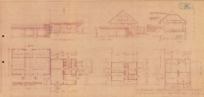 Bildet viser en samling tegninger for et hus, inkludert etasjeplaner (romfordeling) og fasadetegninger.