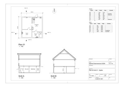 Bildet viser et ark med snittegninger (Snitt A og Snitt B) samt et etasjeplan (Plan 01) for en bygning. Det inneholder også en liste over vinduer og dører.