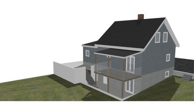 3D-visualisering av en planlagt eller eksisterende bolig med en utvidelse eller tilbygg.