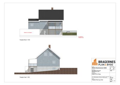 Fasadetegning som viser bygningens utseende sett fra nord og vest.