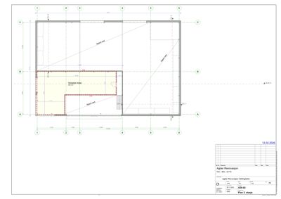 Etasjeplan (Plan 2. etasje) som viser romfordeling, vegger og dimensjoner for en bygning.