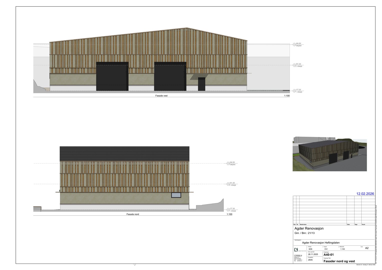 Tegning som viser fasader (vest og nord) for en bygning, inkludert detaljer om materialer, dører og høyder.