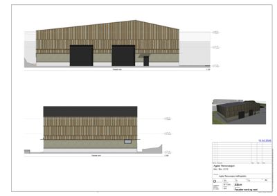 Tegning som viser fasader (vest og nord) for en bygning, inkludert detaljer om materialer, dører og høyder.