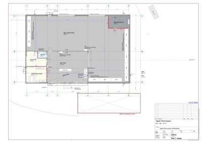 Etasjeplan (Plan 1. etasje) som viser romfordeling, mål og funksjoner i en bygning.