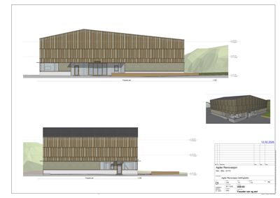 Tegning som viser fasader (øst og sør) for en bygning med oppriss, mål og detaljer.