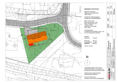 Situasjonsplan som viser tomtens form, grenser, høydekurver, samt beregnet utnyttelse (BYA, areal tomte) og reguleringsbetingelser for en boligbebyggelse.