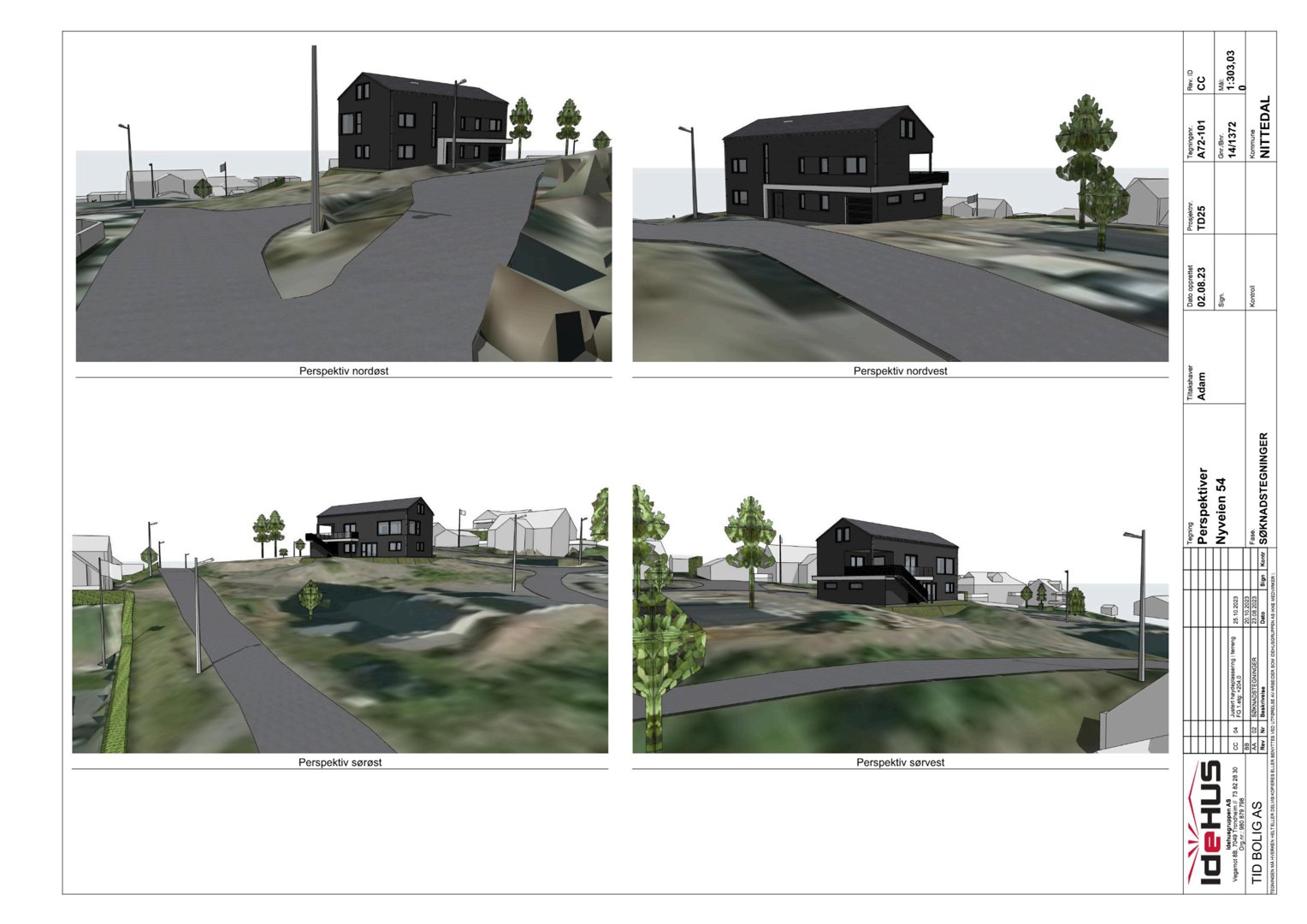 Bildet viser fire perspektivtegninger (renderinger) av en planlagt bolig fra ulike vinkler (nordøst, nordvest, sørøst, sørvest) med omgivelsene inkludert.