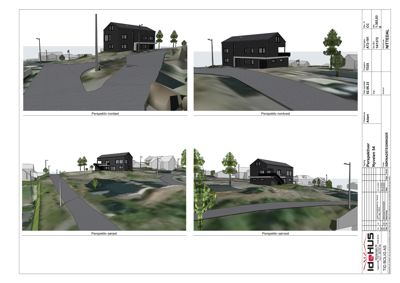 Bildet viser fire perspektivtegninger (renderinger) av en planlagt bolig fra ulike vinkler (nordøst, nordvest, sørøst, sørvest) med omgivelsene inkludert.