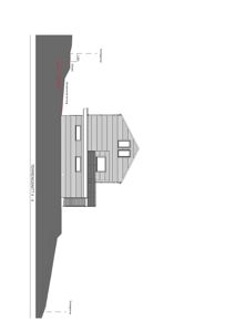 Tegning som viser et tverrsnitt gjennom en bygning (terrenssnitt) med angivelse av høyder og terrengforhold.