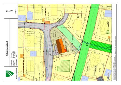 Situasjonskart som viser eiendomsnummer, adresse, tomtens plassering i forhold til vei og naboarealer, samt bygningers plassering og areal.