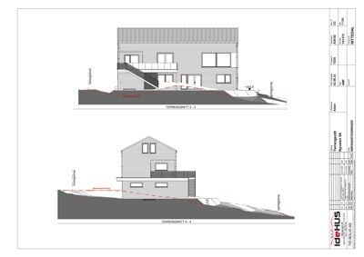 Tegning som viser tverrsnitt gjennom bygningen (terrengsnitt) med oppgitt høyder og terrengforhold.
