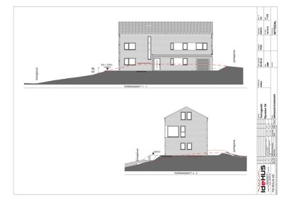 Tegning som viser tverrsnitt gjennom bygningen (terrengsnitt) med oppgitt høyder og terrengforhold.