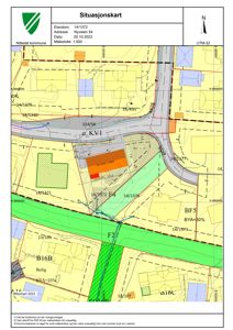 Situasjonskart som viser eiendomsgrenser, tomteforhold, veier og nabolag for eiendommen Nyveien 54.