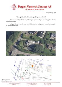 Dokumentet inneholder en flyfoto (øverst) og en teknisk karttegning (nederst) som viser eiendommen og rørledningsruten.