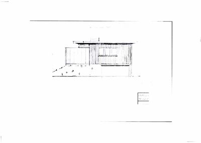 En tegning som viser fasaden (opprikk) av en bygning sett fra siden.