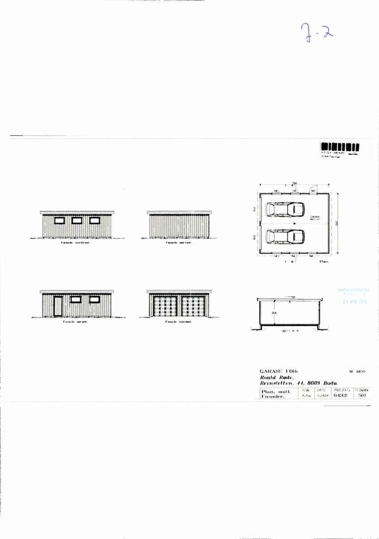 Fasadetegning for en garasje med oppriss av front og side, samt en situasjonsplan og et snitt.