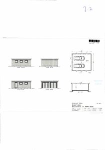 Fasadetegning for en garasje med oppriss av front og side, samt en situasjonsplan og et snitt.