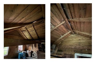 Fotografier av et takrom med tømmerkonstruksjon og trepanel, som viser det eksisterende tilstanden.