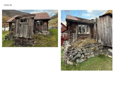 Fotografier av en gammel, forfallelig trehytte sett fra sør (Fasade, Sør).