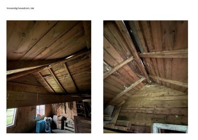 Fotografier av innvendig hovedrom med fokus på takkonstruksjon og tømmerverk