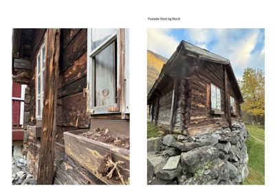 Fotografier av en gammel tømmerhytte sett fra utsiden. Bildene viser detaljer på fasaden (vest og nord) inkludert tømmervegger, vinduer og steinmur.