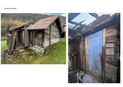Fotografier av en gammel, skadet hytte sett fra utsiden (fasade).