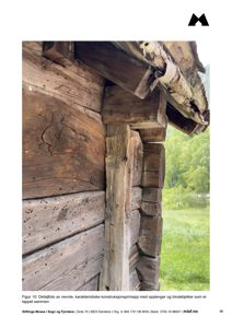 Et detaljfoto av en trekonstruksjon, sannsynligvis en gammel hytte eller stue, som viser hvordan tømmeret er lagt sammen.