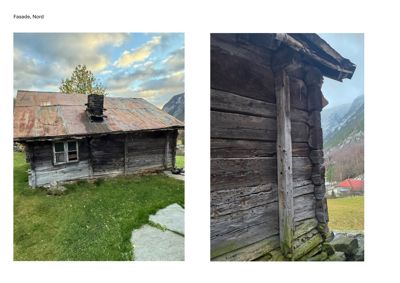 Fotografier av en gammel tømmerhytte sett fra nord. Bildene viser fasaden og hjørnet av bygningen.