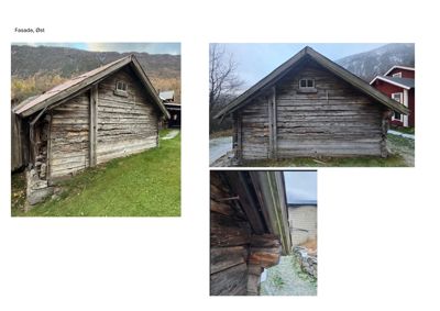 Fotografier av en gammel tømmerbygning sett fra øst, inkludert et nærbilde av hjørnekonstruksjonen.